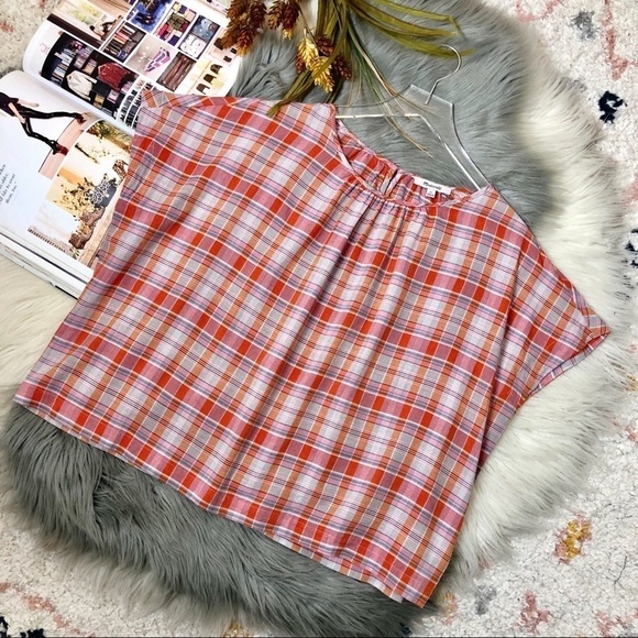 Madewell Plaid Pleat Neck Preppy Women’s Plaid Oversized Academia Top Sz XS - Picture 1 of 10